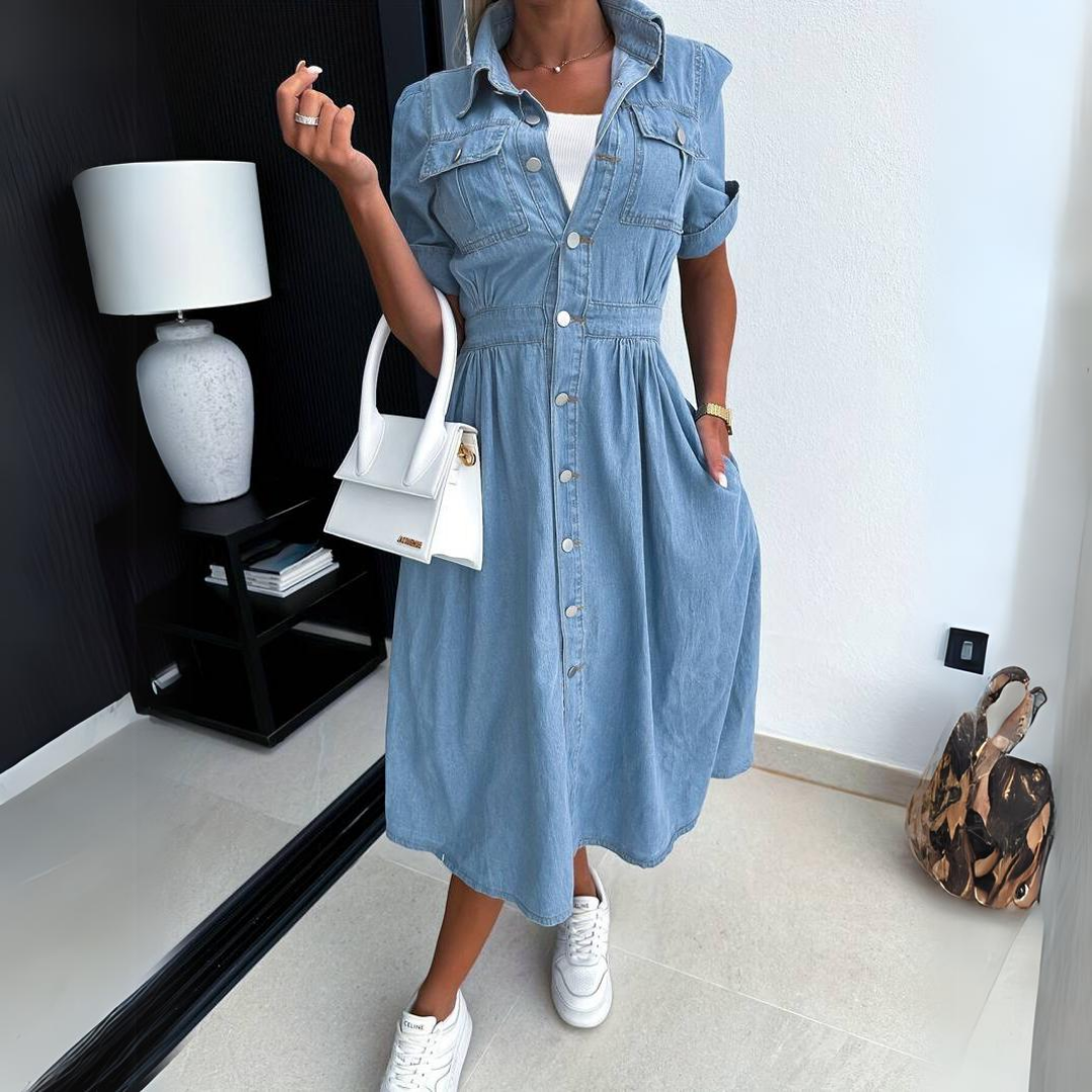 Luxe Denim - Robe élégante à manches courtes en toile de jean haut de gamme