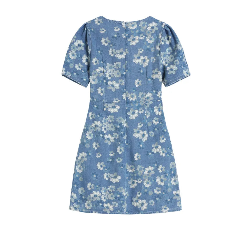 Elissa - Robe en Jean Bleu à Motifs Floraux