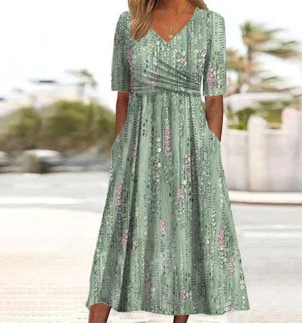 Ravissante Robe Midi Verte à Motif Botanique sur le Flanc