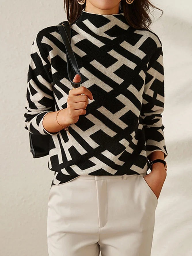 Luxe Parisien - Pull Géométrique Élégant en Laine Mérinos