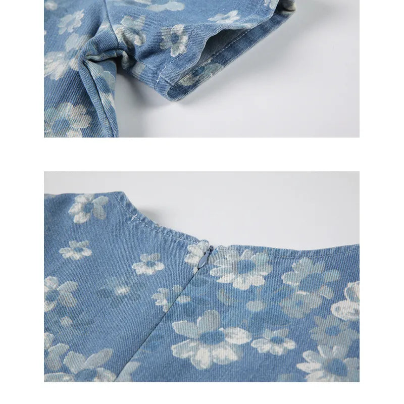 Elissa - Robe en Jean Bleu à Motifs Floraux