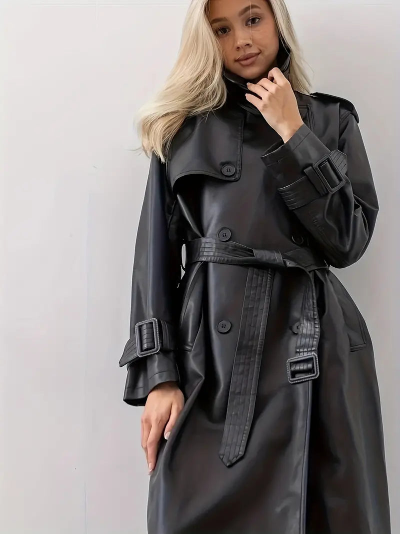 Vermillon - Manteau en cuir de luxe avec ceinture ajustable