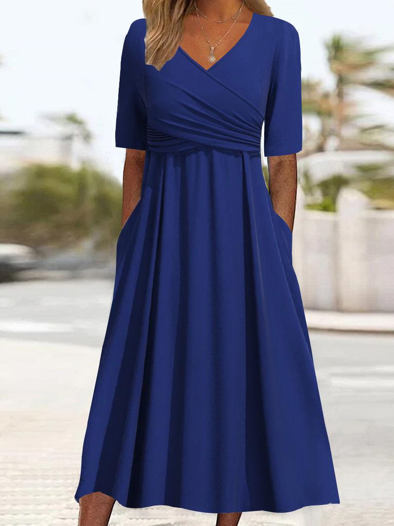 Luminea - Élégante robe midi bleue à col en V