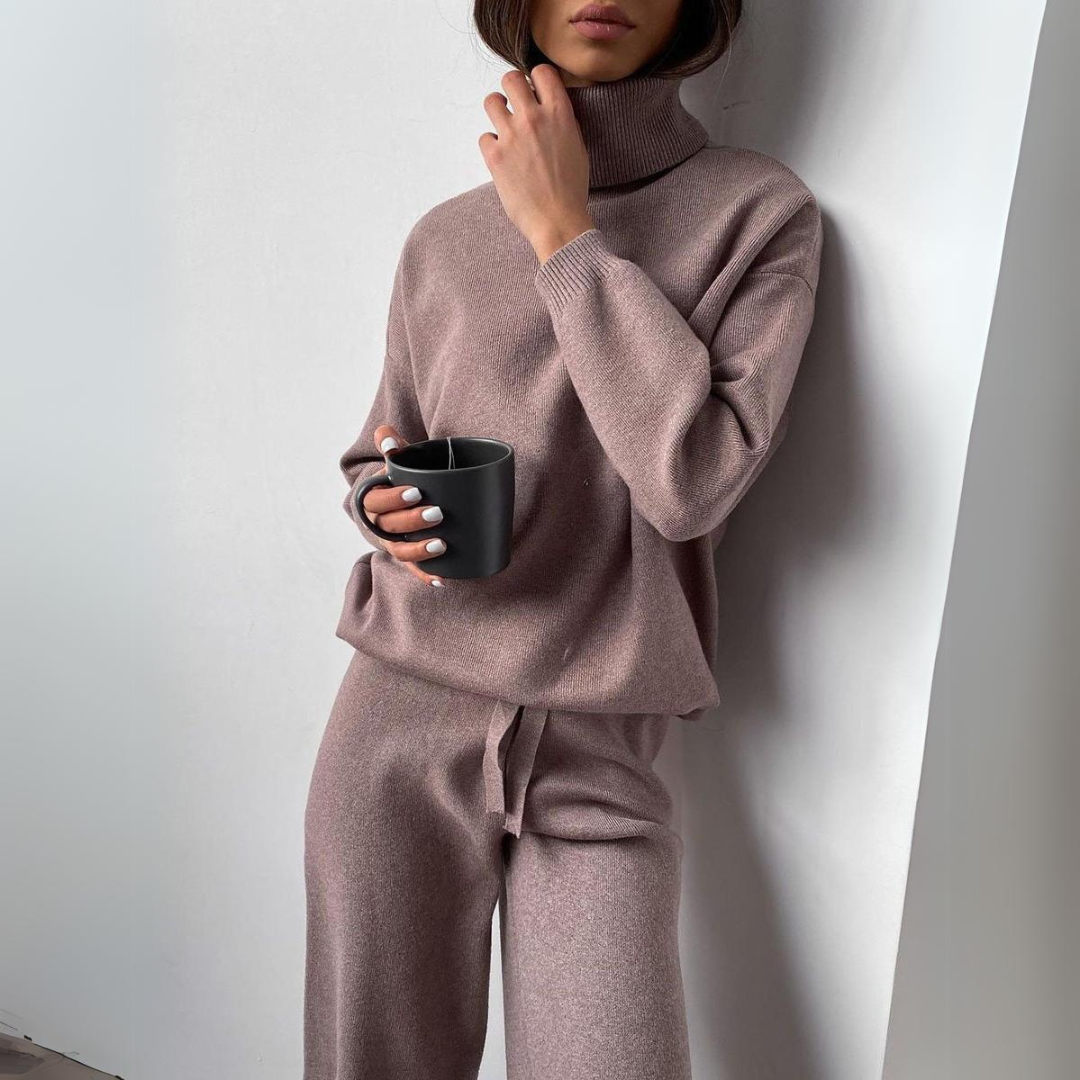 Ensemble Élégance - Ensemble Pull à Col Montant et Pantalon Long en Tricot Doux