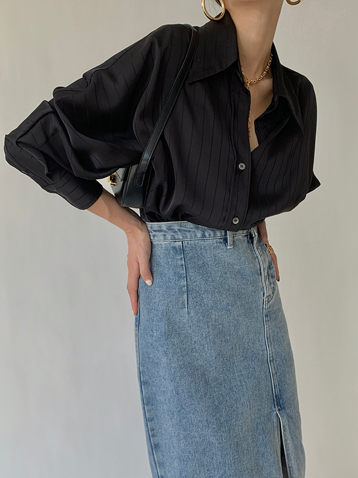 Eloise - Chemise élégante à col haut et boutons, coupe oversize
