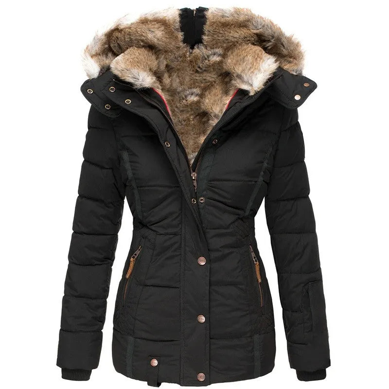 Manteau d'hiver raffiné pour femme avec capuche en fourrure de la marque Aurelia