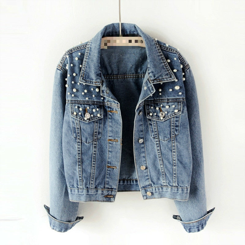 Luxe Élégance - Veste en Denim Raffinée avec Ornement Perlé Distingué