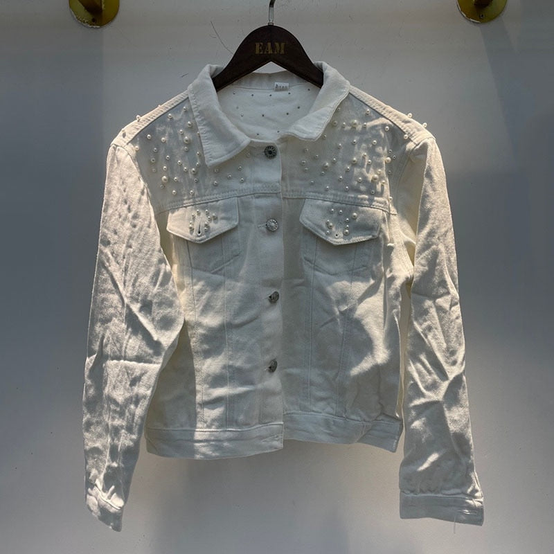 Luxe Élégance - Veste en Denim Raffinée avec Ornement Perlé Distingué
