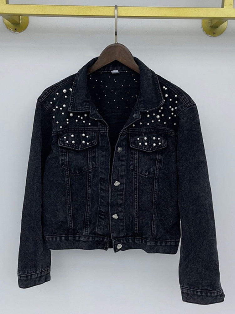 Luxe Élégance - Veste en Denim Raffinée avec Ornement Perlé Distingué