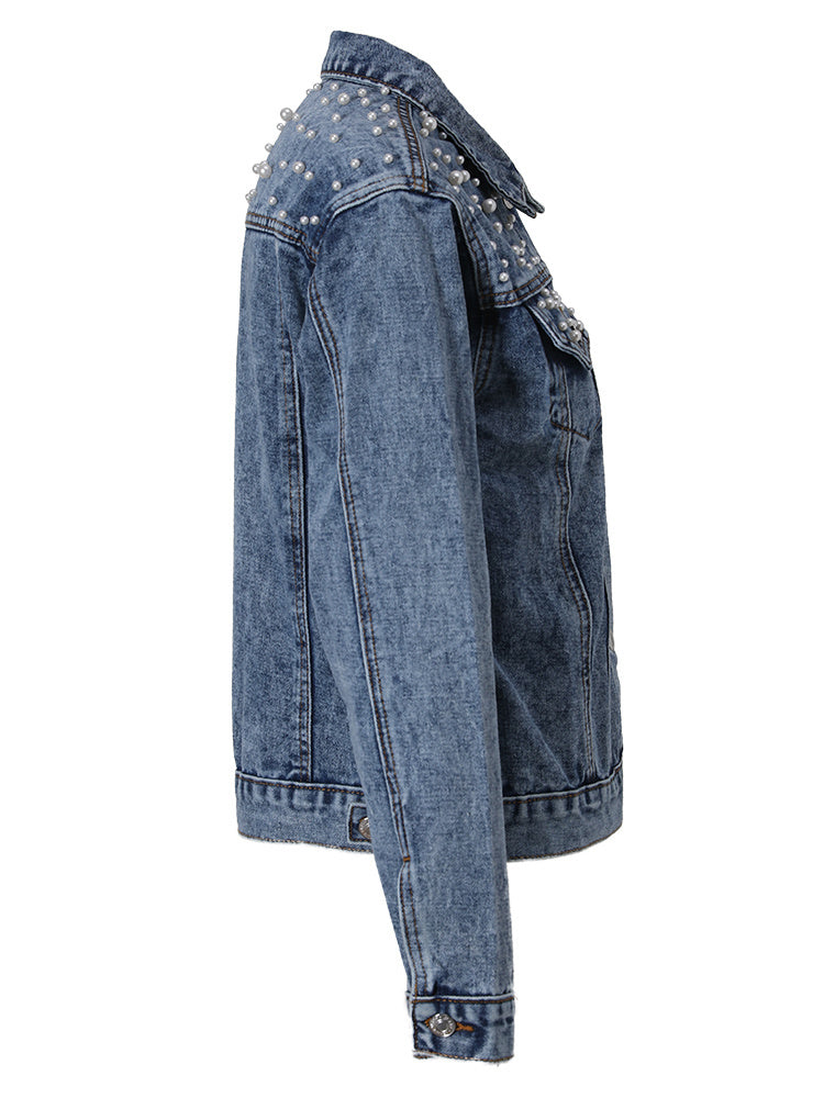 Luxe Élégance - Veste en Denim Raffinée avec Ornement Perlé Distingué