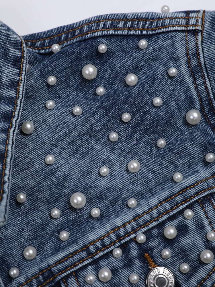 Luxe Élégance - Veste en Denim Raffinée avec Ornement Perlé Distingué