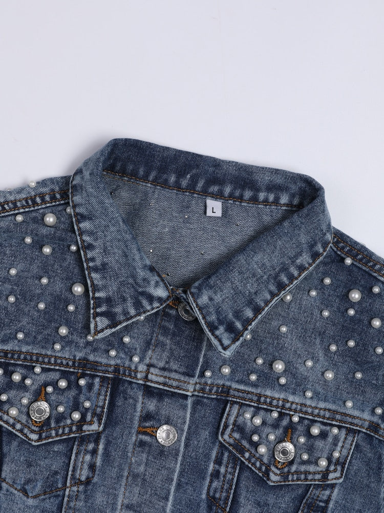 Luxe Élégance - Veste en Denim Raffinée avec Ornement Perlé Distingué