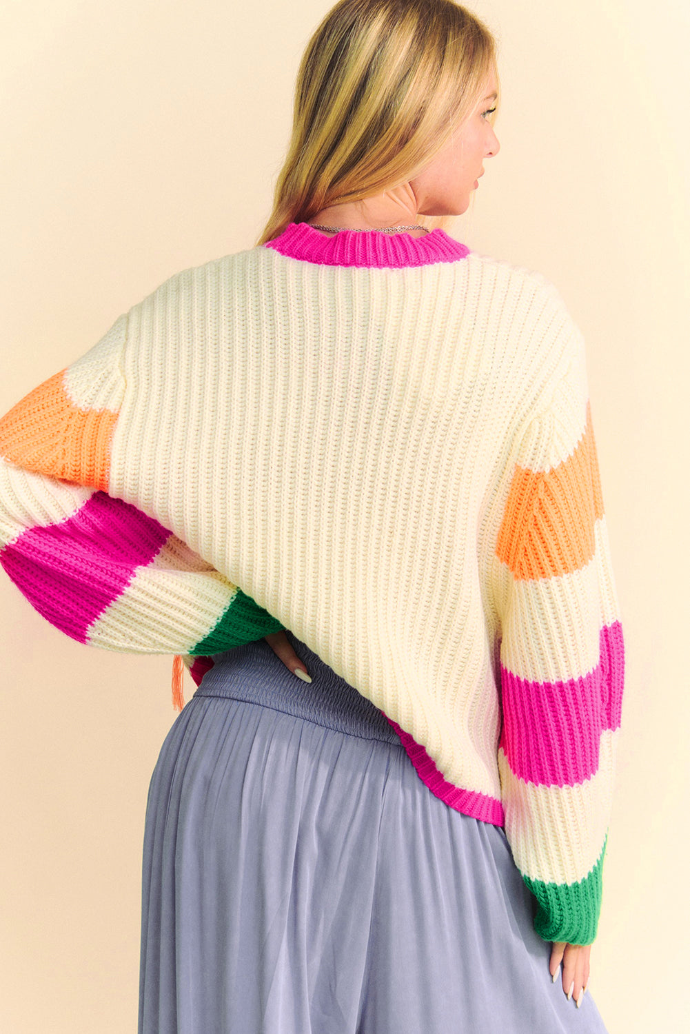 Sophie - Sweat en Maille Florale Colorblock Beige à Manches Ample