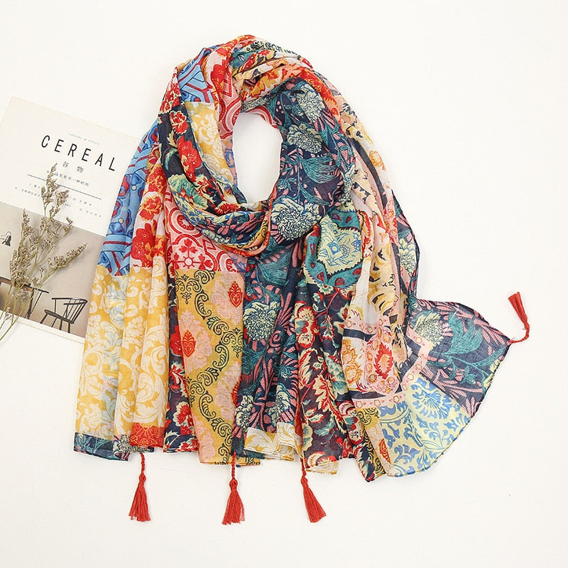 Étole Luxe Écharpes en Cachemire avec Détails Floraux et Pompons