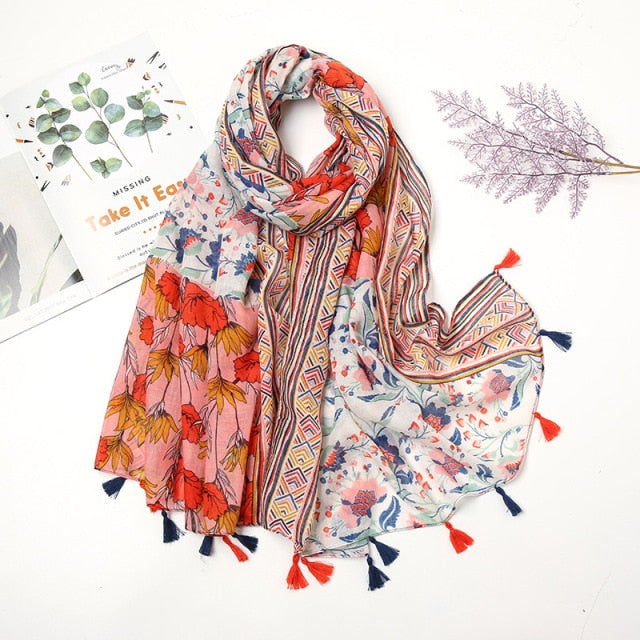 Étole Luxe Écharpes en Cachemire avec Détails Floraux et Pompons