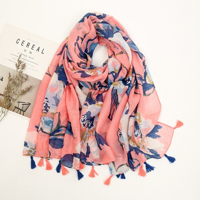 Étole Luxe Écharpes en Cachemire avec Détails Floraux et Pompons