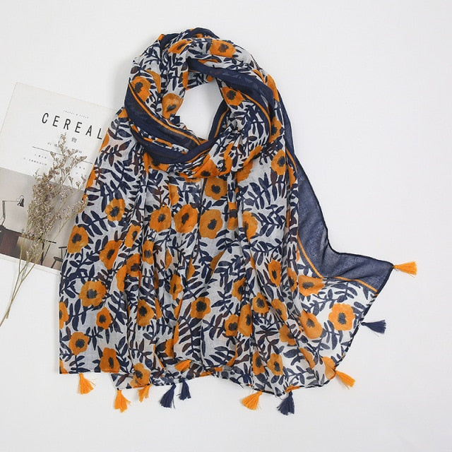 Étole Luxe Écharpes en Cachemire avec Détails Floraux et Pompons