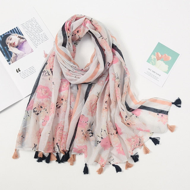 Étole Luxe Écharpes en Cachemire avec Détails Floraux et Pompons