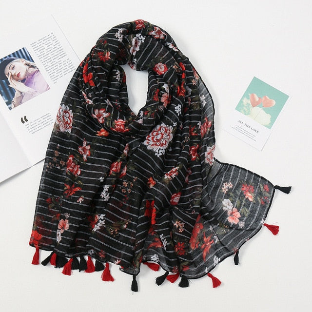 Étole Luxe Écharpes en Cachemire avec Détails Floraux et Pompons