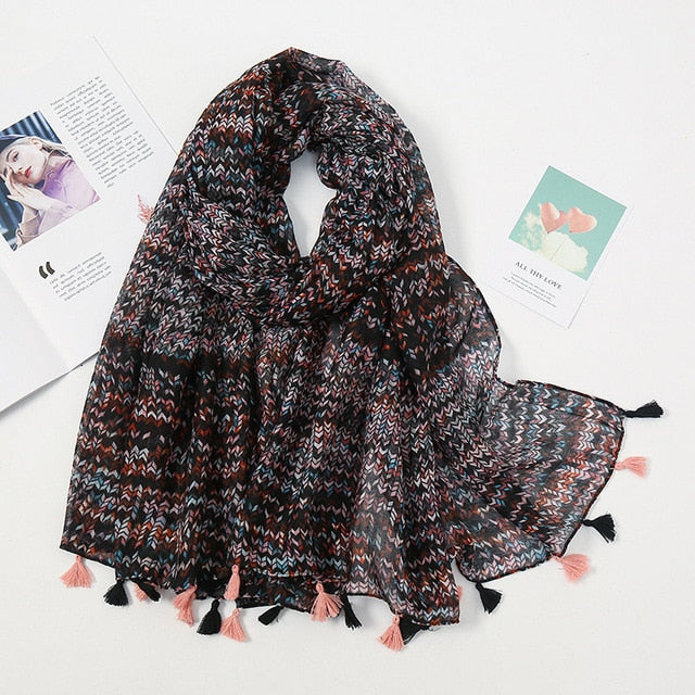 Étole Luxe Écharpes en Cachemire avec Détails Floraux et Pompons
