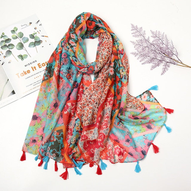 Étole Luxe Écharpes en Cachemire avec Détails Floraux et Pompons