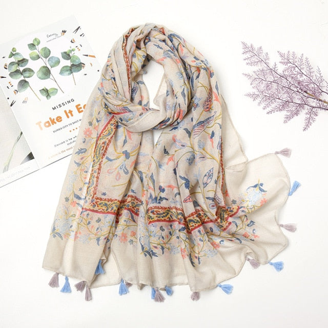 Étole Luxe Écharpes en Cachemire avec Détails Floraux et Pompons