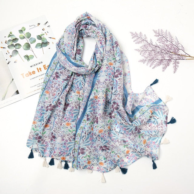 Étole Luxe Écharpes en Cachemire avec Détails Floraux et Pompons
