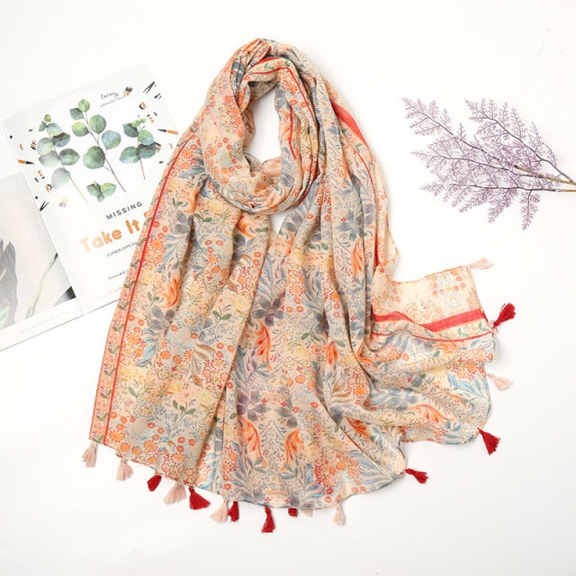 Étole Luxe Écharpes en Cachemire avec Détails Floraux et Pompons