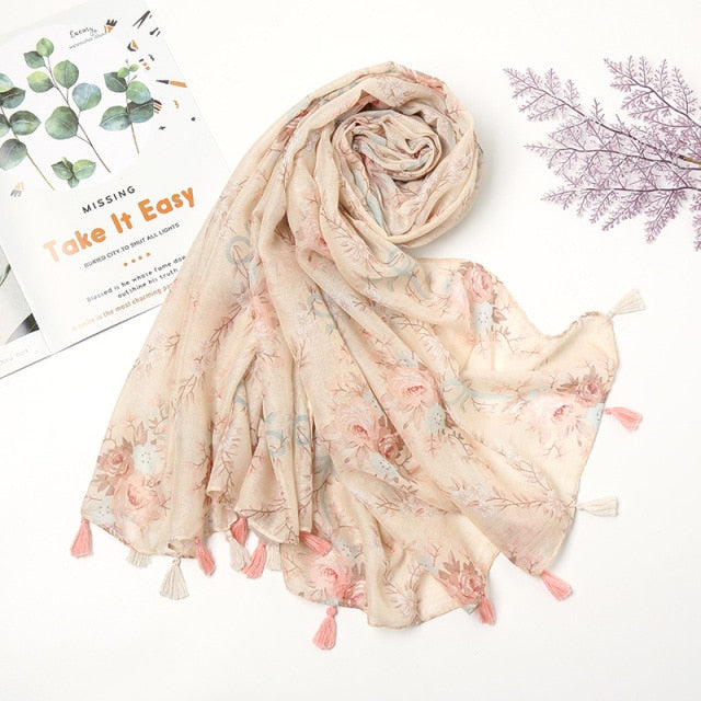 Étole Luxe Écharpes en Cachemire avec Détails Floraux et Pompons