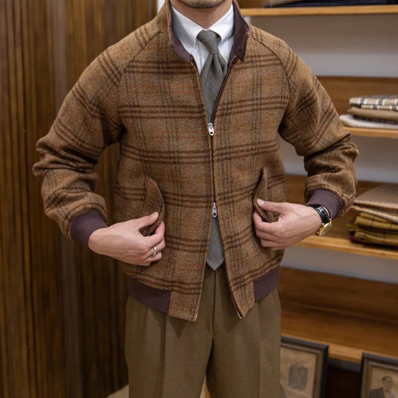 Vestaire Élégant - Manteau à Carreaux Col Montant Coupe Slim
