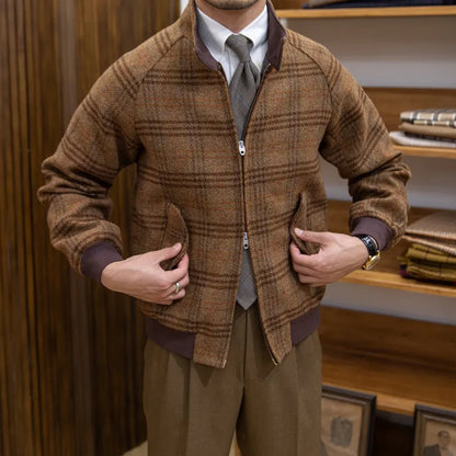 Vestaire Élégant - Manteau à Carreaux Col Montant Coupe Slim