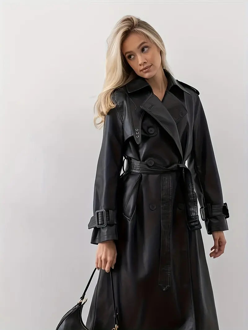 Vermillon - Manteau en cuir de luxe avec ceinture ajustable