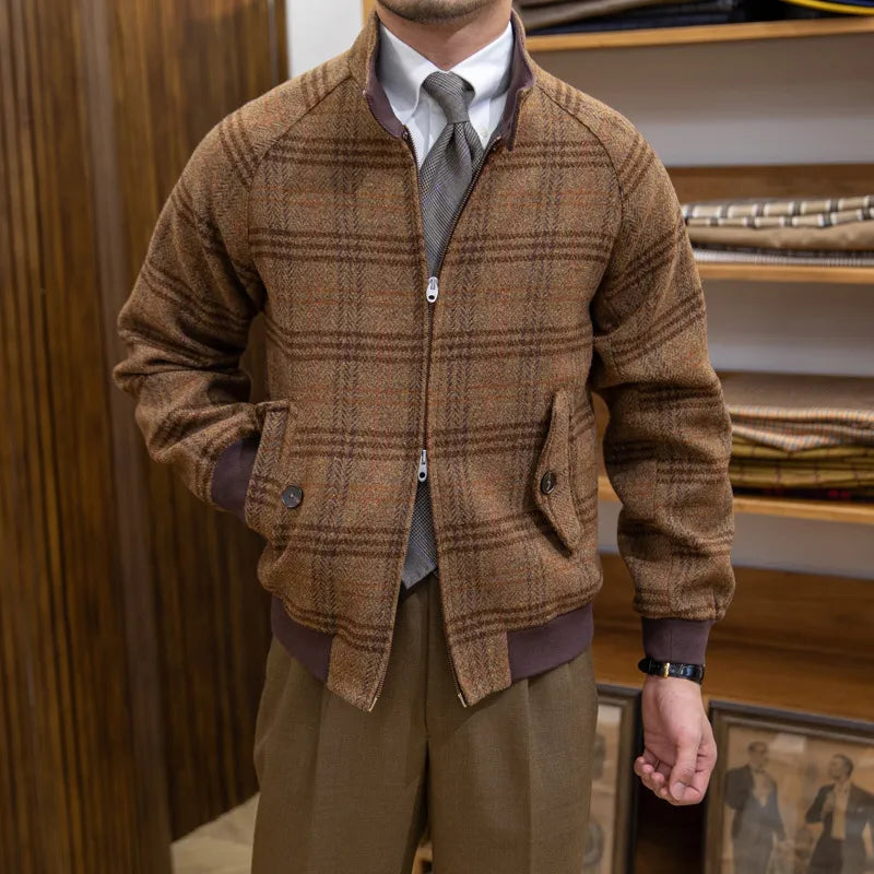 Vestaire Élégant - Manteau à Carreaux Col Montant Coupe Slim