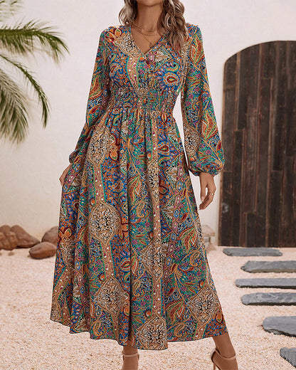 Luxe Cachemire - Robe Longue Élégante à Motif Coloré