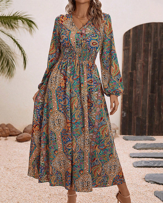 Luxe Cachemire - Robe Longue Élégante à Motif Coloré