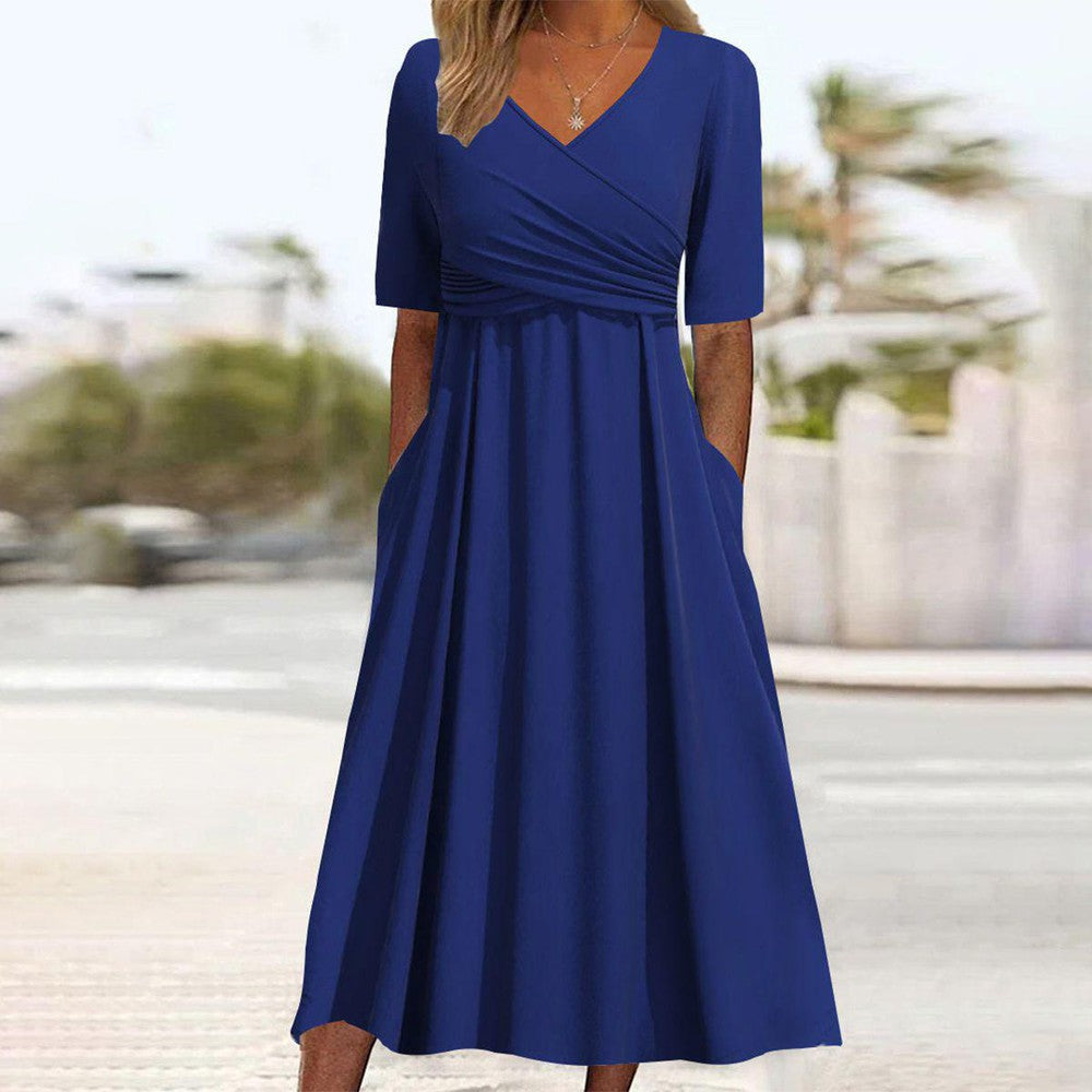 Luminea - Élégante robe midi bleue à col en V