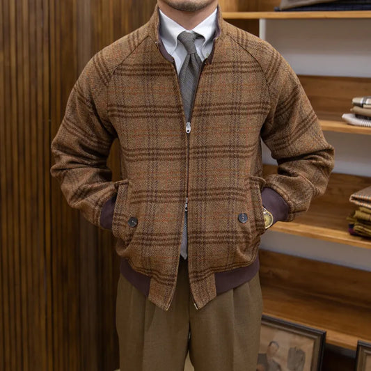 Vestaire Élégant - Manteau à Carreaux Col Montant Coupe Slim