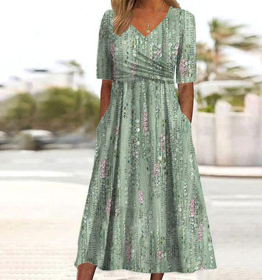 Ravissante Robe Midi Verte à Motif Botanique sur le Flanc