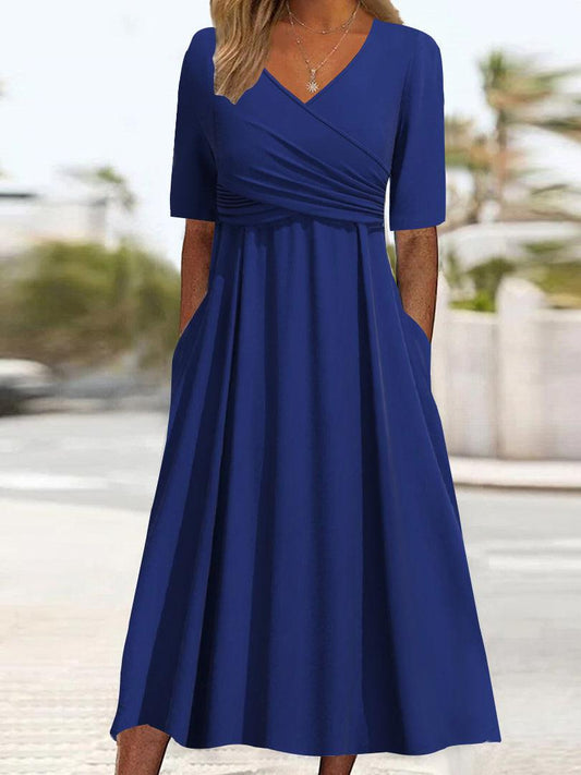 Luminea - Élégante robe midi bleue à col en V
