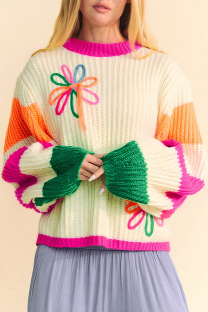 Sophie - Sweat en Maille Florale Colorblock Beige à Manches Ample