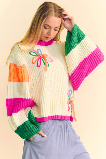 Sophie - Sweat en Maille Florale Colorblock Beige à Manches Ample