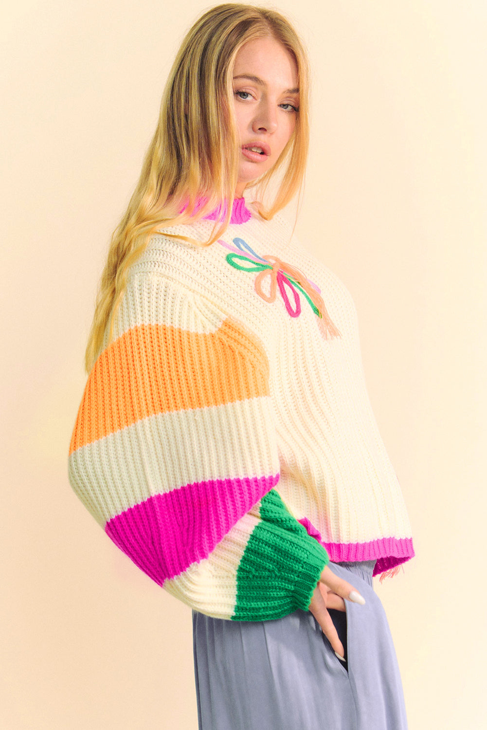 Sophie - Sweat en Maille Florale Colorblock Beige à Manches Ample