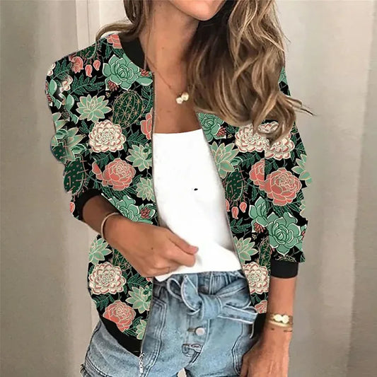 Veste Éclatante - Manteau à fermeture éclair à motif floral pour femme