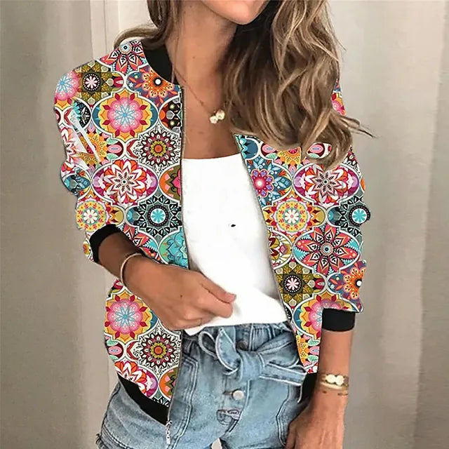 Veste Éclatante - Manteau à fermeture éclair à motif floral pour femme