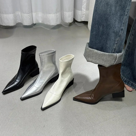 Luxe Élégance - Bottines à Talons Aiguilles en Cuir - Chaussures Automne Hiver Raffinées