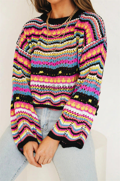 Elégance Chic - Sweater en Maille Rayée Multicolore pour Femme Moderne