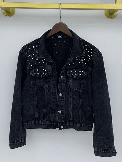 Luxe Élégance - Veste en Denim Raffinée avec Ornement Perlé Distingué