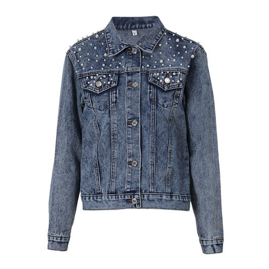 Luxe Élégance - Veste en Denim Raffinée avec Ornement Perlé Distingué