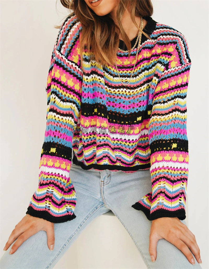 Elégance Chic - Sweater en Maille Rayée Multicolore pour Femme Moderne