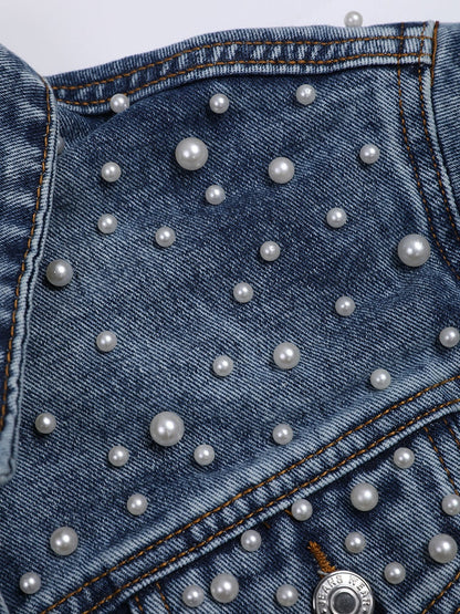 Luxe Élégance - Veste en Denim Raffinée avec Ornement Perlé Distingué